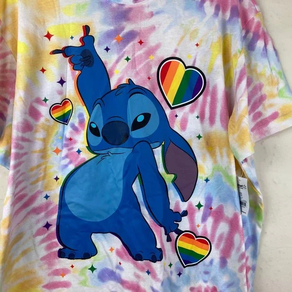 NWT Disney Stitch Pride T-Shirt Women XXL Multicolor Tie Dye Rainbow Hearts LGBT - Picture 2 of 5
